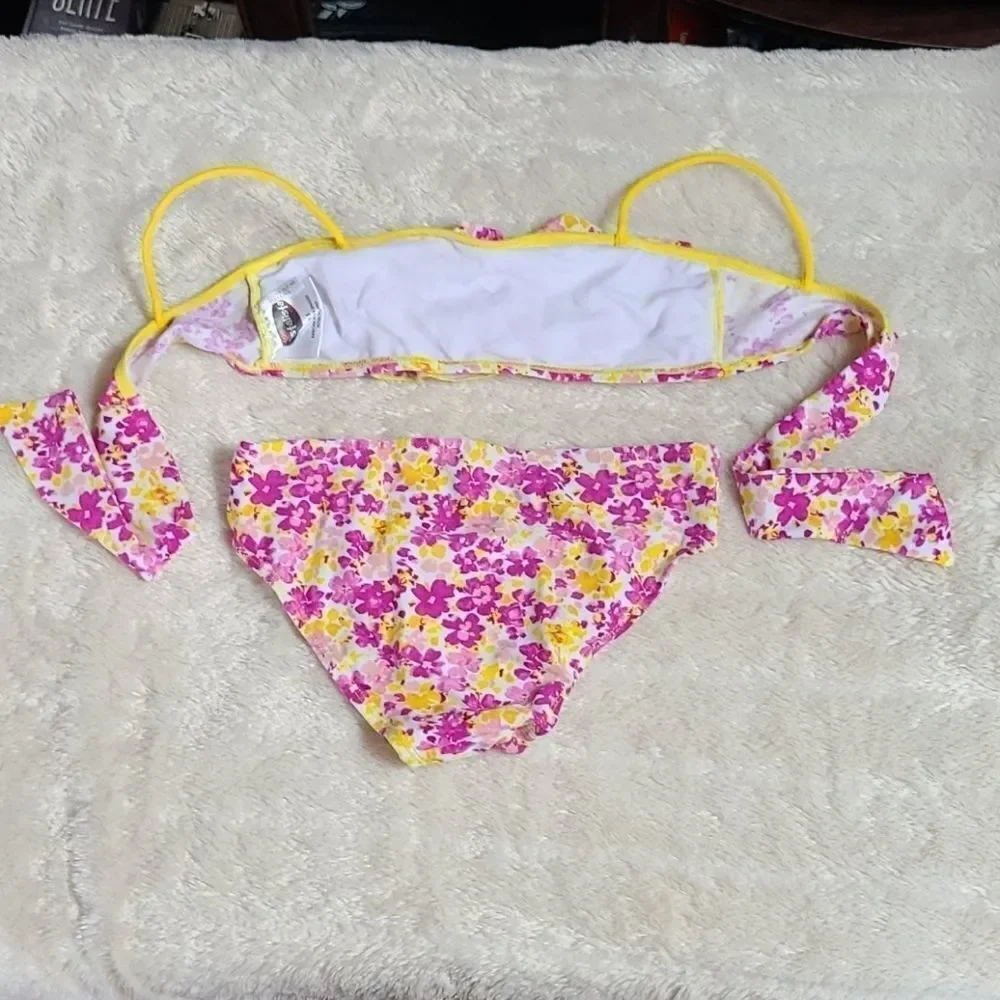 Coastalista Floral Bikini Swimsuit Set Girls Yellow Pink Ruffle Swimwear 4 6
